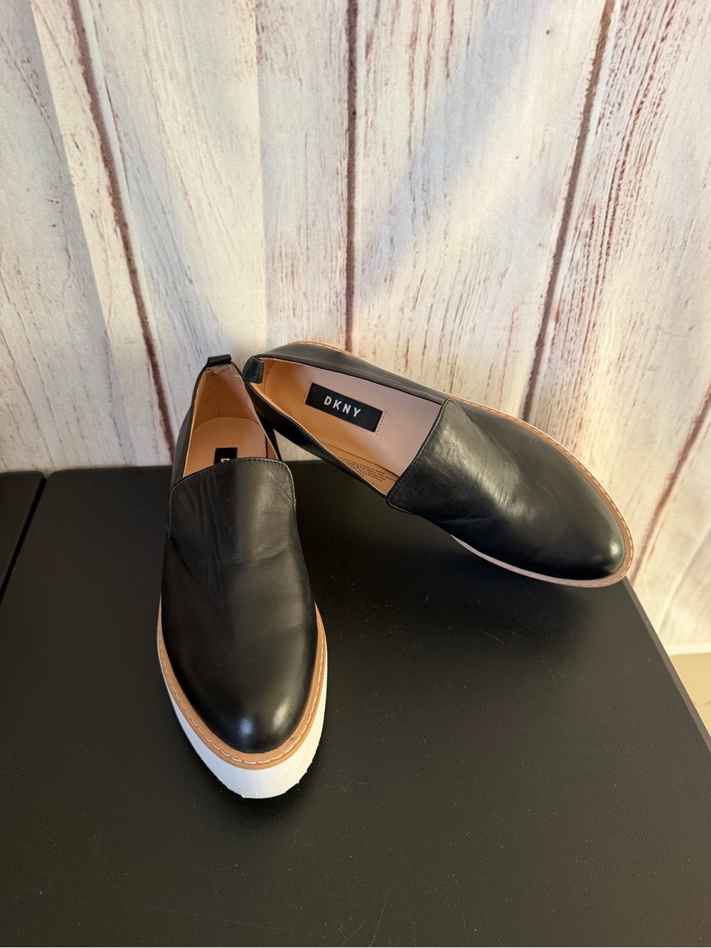 DKNY Black Nappa Leather Platform Slip-On Loafers Size 8.5